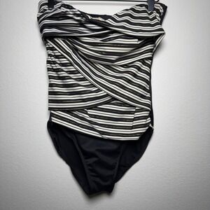 Miraclesuit Women‎ Swimsuit 6 Black White Stripe New Directions Muse Bandeau